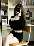 Pure Style Hottie Collar Long-Sleeved T-Shirt Girl Autumn And Winter Black Inside The Bottom Shirt Short Shirt On The Shoulder
