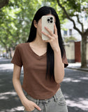 Hottie Pure Lust Wind V-Neck Machine Short-Sleeved Top T-Shirt Girl Short Straight Shoulder Repair Summer Girl Top