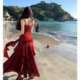 Shiny Blue High-End Birthday Dress Niche Sling Dress With Body Fishtail Dress Temperament Long Dress
