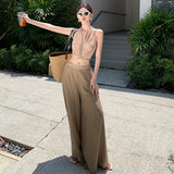 Seaside Vacation Travel Wearing A Suit Summer Sexy Hanging Neck Blouse Pendant Broad Leg Trousers Two Sets Of Single Shot
