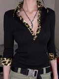 Spice Leopard Print Splicing V-Neck Long-Sleeved T-Shirt For Women's Autumn And Winter New Body-Repair Shirts Ins