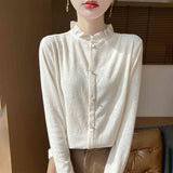 New Silk Velvet 2026 Spring And Summer New Women's Short Wooden Ear Half-High Tie Wnitted Shirt Knitted Bottom Shirt Top