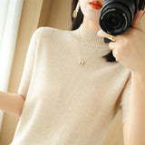 Wool Blended 2026 Autumn And Winter Women's Clothing Loose Half-High Collar Short-Sleeved Jersey T-Shirt
