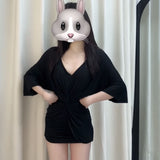 Large-Size Fat MM High-End Pure Luster V-Neck Short-Sleeved Dress Women's Summer Kinky Waist Temperament And Hip Short Skirt