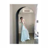 French Gentle Temperament Blue Broken Flower Sling Dress Seaside Holiday Beautiful Unique Waist A Word Long Skirt