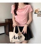French Top Fashion Design Collar A Word Shoulder T-Shirt Short-Sleeved Girl Summer Repair Hot Girl Tight Shoulder Short