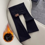 Black Plus Velvet Micro-Horn Jeans Women 2025 Autumn And Winter Trend New High-Rise Slim Slim Elastic Trumpet Pants
