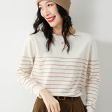 Wool Blending 2026 Autumn And Winter New Lady Loose Round Neck Stripe Short-Singed Knitted Sweater