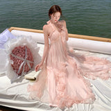 French Gentle Holiday Style Pink Sleeveless Hanging Neck Dress Women Summer High-End Feel Leaves Side A Word Dress