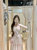 French Gentle Pink Bow Sling Dress Female Super Fairy Lace Lace Lace Lace Lace To Receive Waist A Long Dress