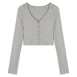 Spice Girls V Collar Long-Sleeved T-Shirt Women's Spring Gray Tight Retro Design Feeling Bm Style Short Sun Protection Shirt Top