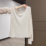 French Languid Feeling Pure Long-Sleeved Woman 2025 Spring V-Neck Summer Sunscreen Shirt Wooden Ear T-Shirt