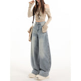 High-Rise Water Wash Blue Scissors Jeans Women Autumn And Winter Retro Embroidery Design Loose Thin Leggings