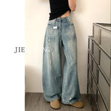 Tall Man Lengthened Retro Water Wash Scratches Worn Jeans Women High Waists Thin Loose Straight Leg Drag Trousers
