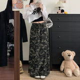 Vintage Camouflage Draw Straight Mid-Dress Women Autumn 2025 New Fashion Thin Hanging Hole Long Skirt
