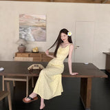 Sweet Wind Yellow Broken Flower Wave Dots Hanging Dress Women Summer Small Man Age Reduction Loose Shoulder Beautiful Dress