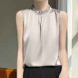 Silk Satin 2026 Summer New Women's Clothing Collar Sleeveless Vest T-Shirt Repair Body With A Half-Sleeve