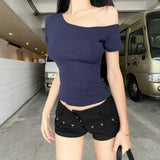 Tibetan Blue Collar Bare Shoulder Short-Sleeved T-Shirt Girl Slim 2026 New Summer Bottoming Shirt Sweet Spicy Short Top