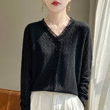Wool Blending 2026 Autumn And Winter New Women's Clothing Lace Nails V Collar Short Solid Color Knitting Top Bottom