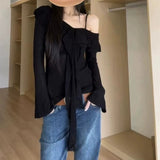 Fat Sister Hottie Wind Lotus Leaf Side Shoulder Long-Sleeved T-Shirt Girl Spring New Design Feel Shoulder Pure Desire Top