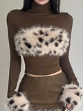 Temperament Famous Hairy Hottie Spliced Leopard-Print High-Necked Long-Sleeved T-Shirt Slim Short Thin Bottom Top