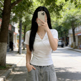 V Collar Kinetic Design T-Shirt Girl Summer Pure Hot Girl Short-Sleeved Bottom Shirt Slim Thin Top Woman