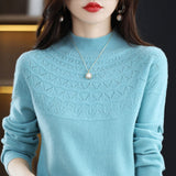 First-Line Ready-To-Wear Seamless Pure Wool 2026 Autumn And Winter New Women's Half-High Collar Hollow Short Bottom Knitted Sweater