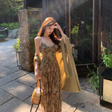 New Chinese Green V-Neck Print Sling Dress Woman's Waist Thin Shawl Sling Dress Two Sets