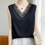 Silk Satin 2026 Spring And Summer Women's New V-Neck Sleeveless Small Vest T-Shirt Mesh Spliced Blouse Loose Sling