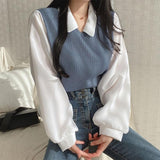 Spring And Autumn New Splicing POLO Collar Fake Two T-Shirt Women's Long Sleeves Loose Thin Bump Collar Blouse Tide