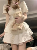 [Original Quality] New Korean Version Of The Fashion Waist Thin Short Sleeves With Bow Ponpong Dress Women Short