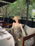 New Chinese Green V-Neck Print Sling Dress Woman's Waist Thin Shawl Sling Dress Two Sets