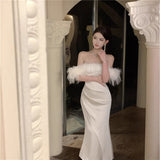 Hepburn Style French High-End Shoulder Dress Women's Autumn And Winter New Feathers And Thirpth Evening Dress