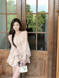 French Gentle Shoulder Long Sleeves To Collect Waist Chiffon Shirt Women Autumn Sweet Suit Casual Straight Shorts Two-Piece Set