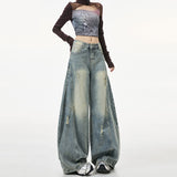 Vintage Worn Scissors Jeans Women's Trend With New Loose Broad-Legged Sleek Trousers High-Waisted Trousers