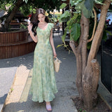 Seaside Holiday Green Flowers Small Flying Sleeve Dress Gentle Temperament Is Beautiful Waist A Word Beach Dress