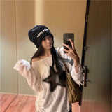 Lazy Wind Black Hoodie Design Feels Shoulder Long-Sleeved T-Shirt Women's Spring Small Loose Drawstring Strapping