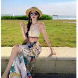 Dopamine Graffiti-Print Wide-Legged Trousers Women's Summer Seaside Wearing High-Waisted Beach Skirts With Open-Forked Colored Trousers