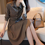 Spring And Autumn Temperament Long-Sleeved Dress Women's Summer New French Niche Collection Waist Thin POLO Collar Long Skirt