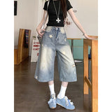 Vintage Personality To Do Old Star Print Denim Shorts Women Summer Thin High-Waisted Loose Broad-Legged Seven-Pointed Trousers