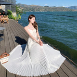 Seaside Vacation Bright Dopamine 100 Fold V-Neck Hanging Neck Sling Dress Super Fairy Skirt Half Body Skirt Two Sets