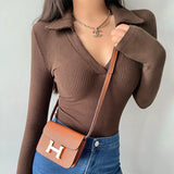 Spice Girl Sexy V-Neck Elastic Tight Slim Long Sleeve Bottom T-Shirt Girl Design Sense Of A Hundred Tops