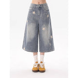 Vintage Star Print Denim Seven-Point Trousers Women's Summer New Worn Loose Broad Legs Straight 7 Points Trousers