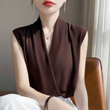 2025 Spring And Summer New Women's V Neck French Cross-Neck Fashion T-Shirt Sleeveless Short Simple Thin Top