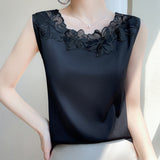 Silk Satin 2026 Spring And Summer New Women's Rounded Sleeveless Vest T-Shirt Mesh Spliced Tops And Bottom Shirts