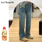 Light Blue Straight Jeans Women 2025 Autumn And Winter Trend With New Plus Velvet High Waist Narrow Version Of Broad Leg Dredged
