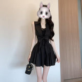 Royal Sister Hepburn Style Black Polo Shirt Sleeveless Dress Temperament Super Good-Looking Waist A Word Fluffy Short Skirt