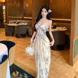 French Niche Beauty Fairy Out Of The Seaside Holiday Dress Sexy Pure Desire V Tie Hanging Print Dress Woman
