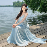 Greek Goddess Fan Seaside Holiday Dress High-Grade Pure Diamond Ribbon With Blue Sling Skirt Dress Dress