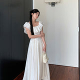 Sweet And Gentle Square Collar Lotus Leaf Dress Waist Thin Design Dress French Summer New High-End Temperament